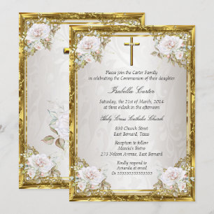 Communion Rose Gold Beige Pearl Damask Cross Invitation