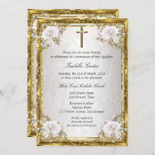 Communion Rose Gold Beige Pearl Damask Cross Invitation