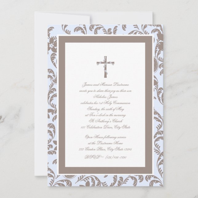 Communion Soft Blue and Brown Paisley Invitation (Front)
