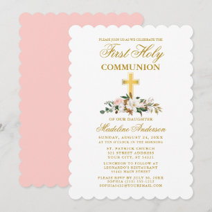 Communion Watercolor Magnolia Floral Gold Cross Invitation