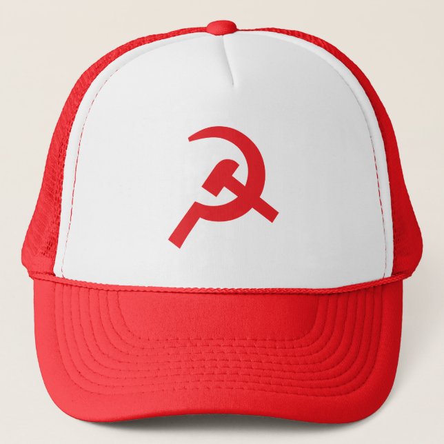 Communistic hammer and sickle logo red trucker hat (Front)