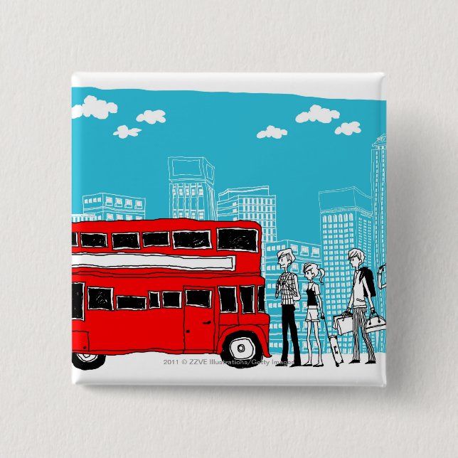 Commuters waiting at bus stop 15 cm square badge (Front)