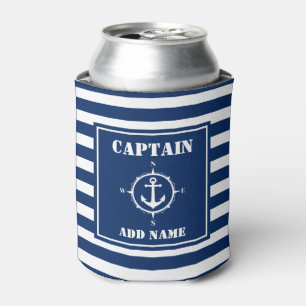 Comp Anchor Captain Add Name Boat Name Blue Stripe Can Cooler