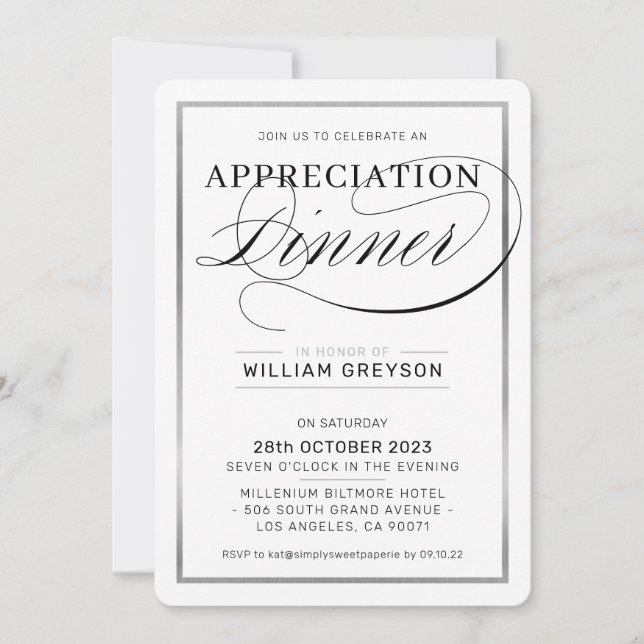 COMPANY APPRECIATION DINNER modern business silver Invitation (Front)