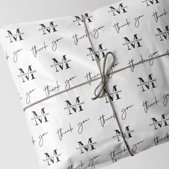 Company Branded Personalised Minimalist Pattern Ti Tissue Paper (Minimalist monogrammed packaging paper in black & white with trendy thank you script pattern)