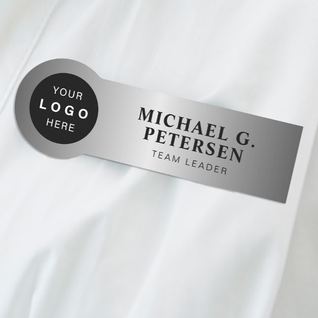 Company business logo faux silver employee name tag (Creator Uploaded)