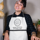 Company business logo promotional black & white apron<br><div class="desc">Minimalist white company apron,  decorated with black stripes and easily customisable with your own logo,  name/position,  and optional custom text; perfect for many business categories,  such as hairdressers,  beauticians,  spas,  florists,  and much more.</div>