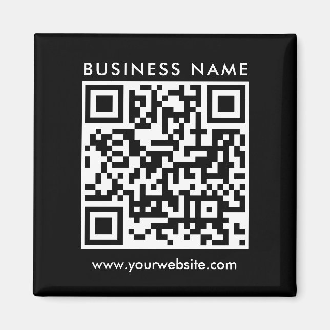 Company Business QR Code Logo Text Black Square Magnet (Front)