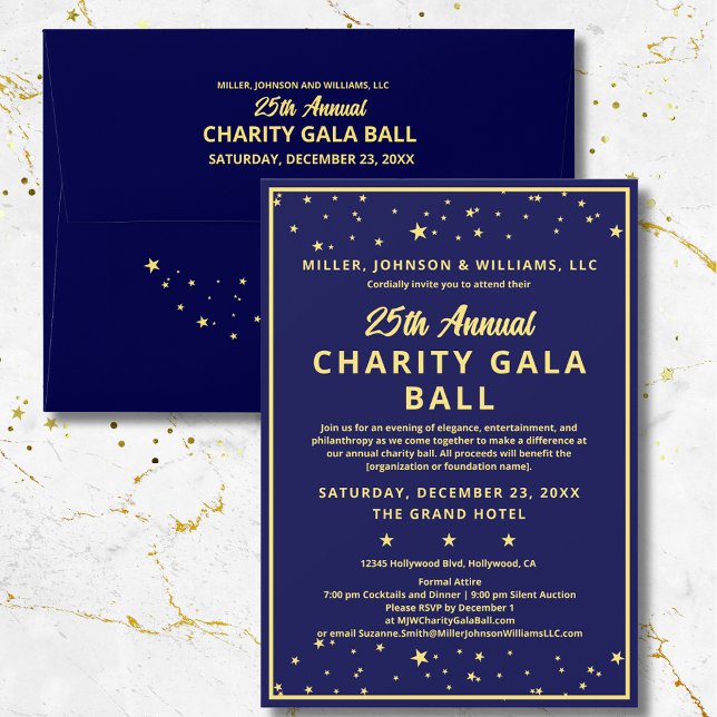 Company Charity Gala Ball Elegant Blue Gold Custom Invitation (Elegant Annual Charity Gala Ball Fundraiser Invitation in blue & gold. Also available with gold foil)