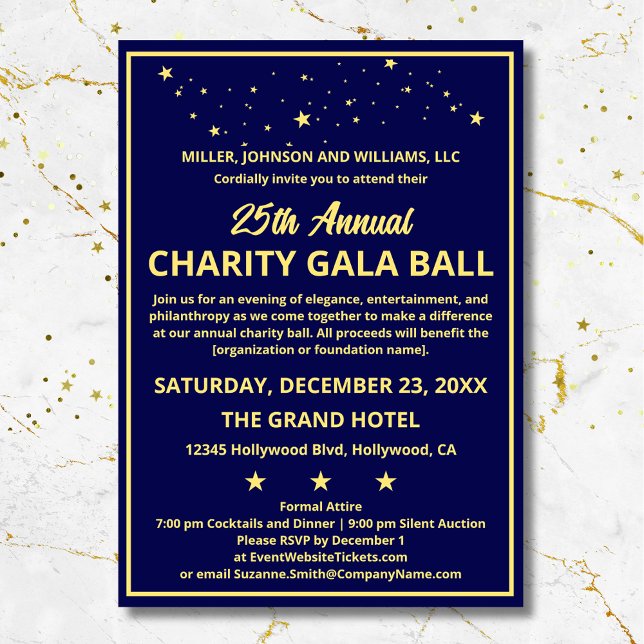 Company Charity Gala Ball Elegant Blue Gold Custom Invitation (Elevate your Charity Gala Ball with these elegant blue and gold invitations.)