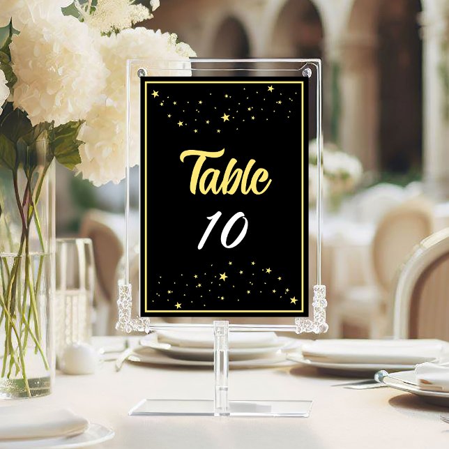 Company Charity Gala Ball Event Elegant Gold Black Table Number (Company Charity Gala Ball Event Elegant Black Gold Table Number with Stars.)
