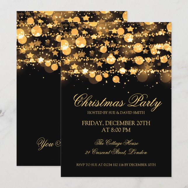 Company Christmas Party Gold String Lights Invitation (Front/Back)
