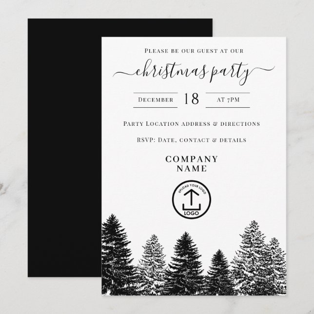 Company Christmas Party Holiday Black White Pines Invitation (Front/Back)