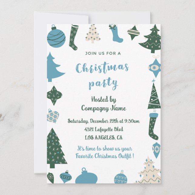 Company Christmas Party  Invite Cute green blue (Front)