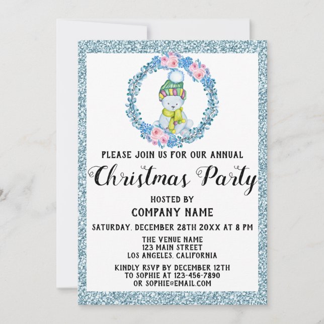 Company Christmas Party Light Blue Glitter Wreath Invitation (Front)