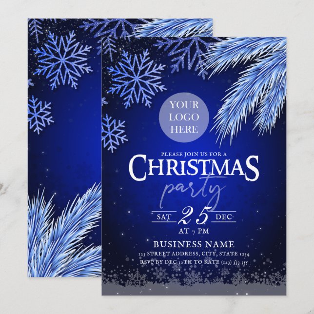Company Christmas Party Logo Blue Winter Elegant Invitation (Front/Back)