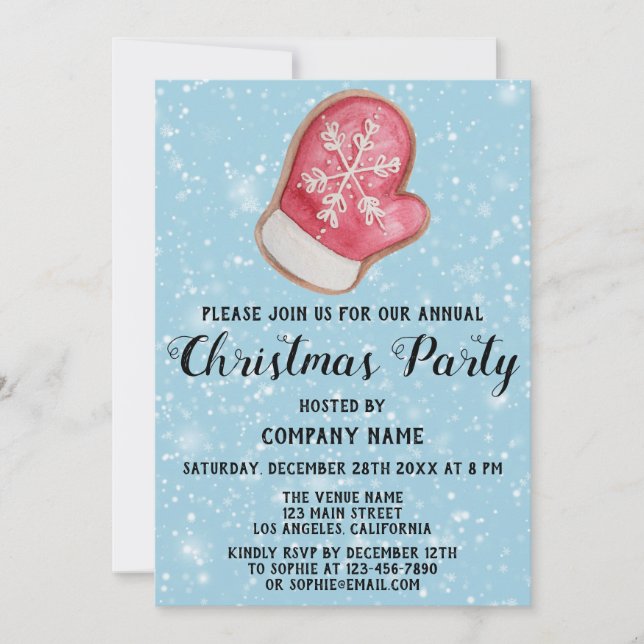 Company Christmas Party Red White Mitten Blue Snow Invitation (Front)