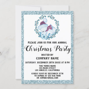 Company Christmas Party Wreath Light Blue Glitter Invitation