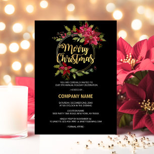 Company CORPORATE Red Black Gold Poinsettia PARTY Holiday Card