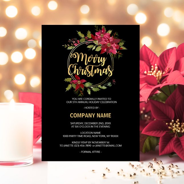 Company CORPORATE Red Black Gold Poinsettia PARTY Holiday Card (Company CORPORATE Red Black Gold Poinsettia PARTY Holiday Card)