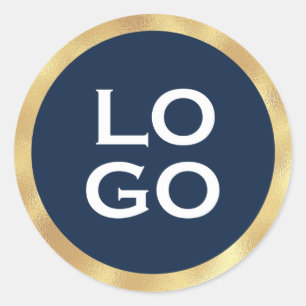 Company Custom Logo & Gold Frame on Navy Blue Classic Round Sticker