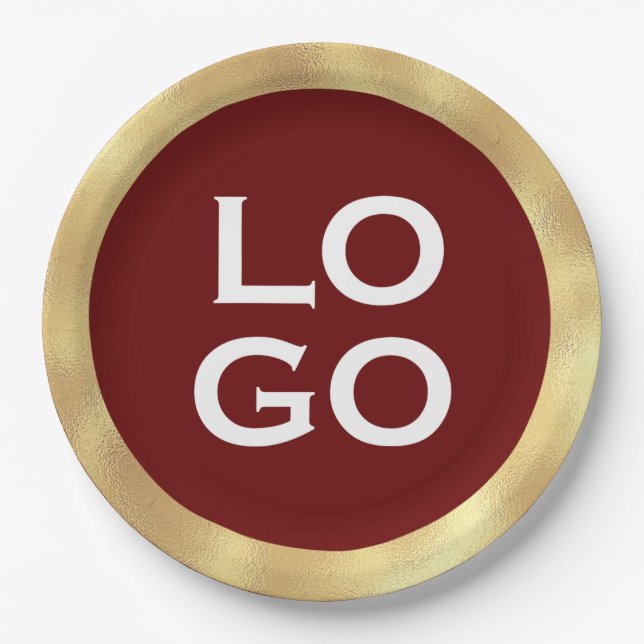 Company Custom Logo with Gold Frame on Burgundy Paper Plate (Front)