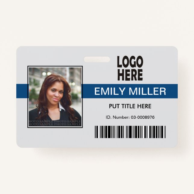 Company employee logo, barcode blue photo template ID badge (Front)