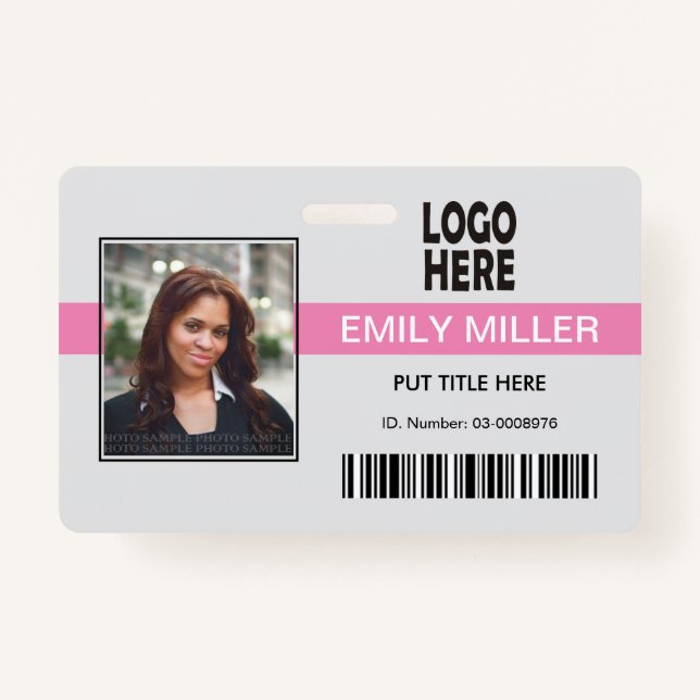 Company employee logo, barcode pink photo template ID badge (Front)
