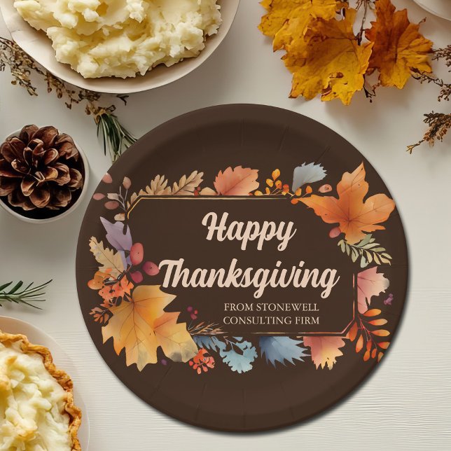 Company Happy Thanksgiving Leaves Brown Party Paper Plate (Creator Uploaded)