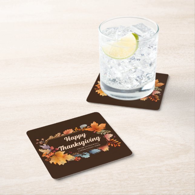 Company Happy Thanksgiving Leaves Brown Party Square Paper Coaster (Insitu)