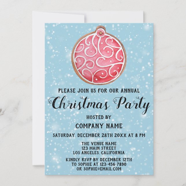 Company Holiday Christmas Party Red Ball Blue Snow Invitation (Front)