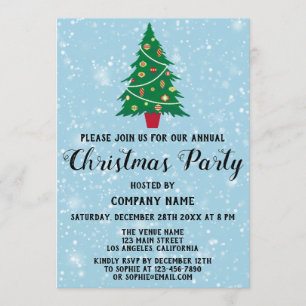 Company Holiday Christmas Party Tree Blue Snow Invitation