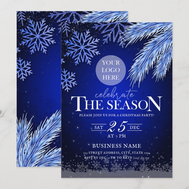 Company Holiday Party Logo Blue Winter Elegant Invitation (Front/Back)