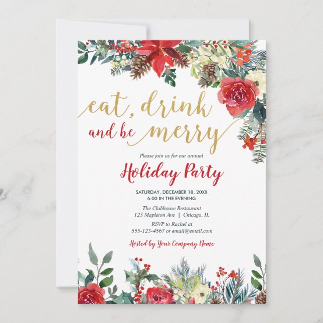Company Holiday party red gold elegant floral Invitation (Front)