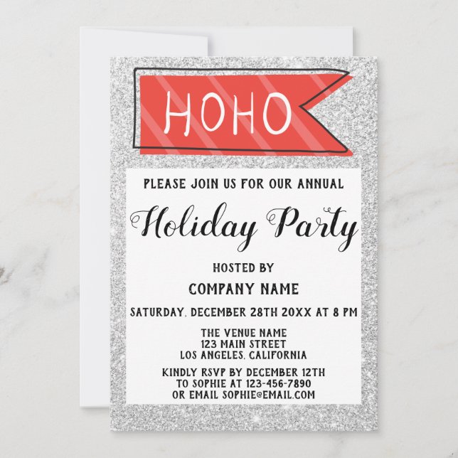 Company Holiday Party Red & Grey Silver Glitter Invitation (Front)