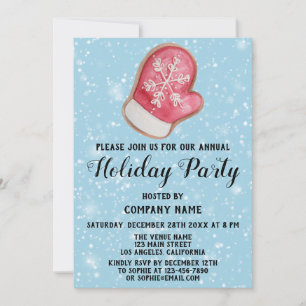 Company Holiday Party Red & White Mitten Blue Snow Invitation
