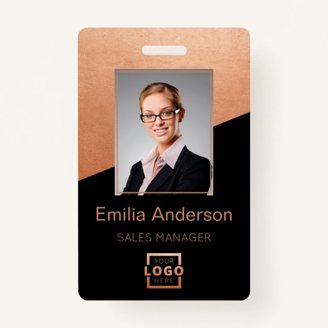 Company Logo Bar Code Employee Photo Rose Gold ID Badge (Front)