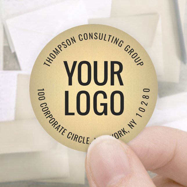 Company Logo Black & Gold Faux Foil Return Address Classic Round Sticker (Creator Uploaded)