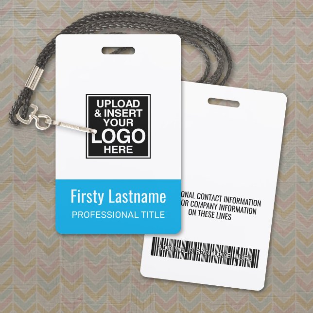 Company Logo - BLUE Name Title Bar Code Custom ID ID Badge (Logo Name Badge with Optional Lanyard)