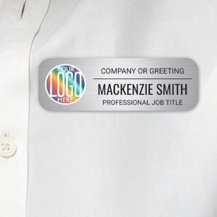 Company Logo Brushed Faux Stainless Steel Employee Name Tag