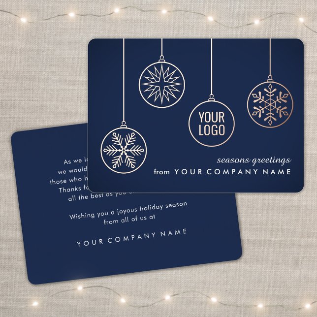 Company Logo Christmas Ornaments Navy Blue Unique Foil Holiday Card (Creator Uploaded)