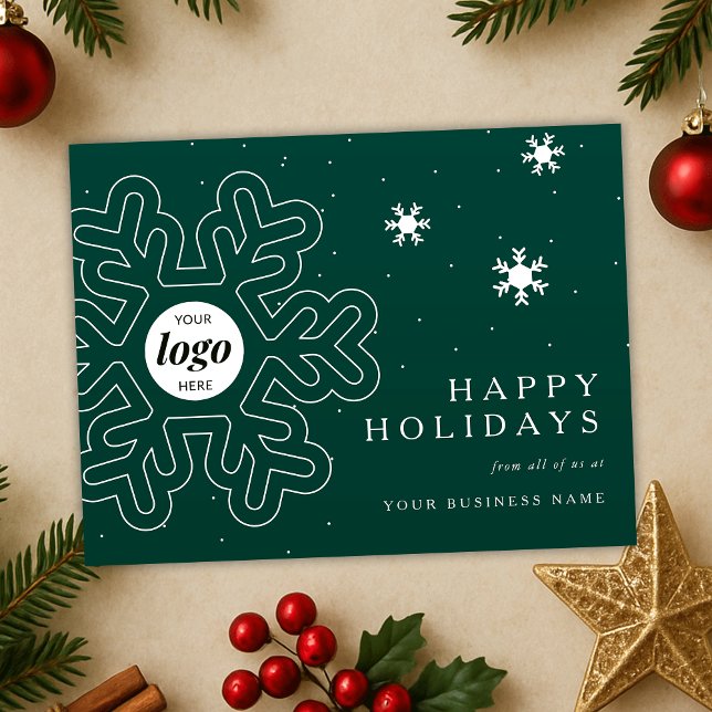 Company Logo Christmas Snowflakes Green Corporate Holiday Postcard (Corporate holiday postcard with a custom business logo, featuring elegant snowflake design in green)