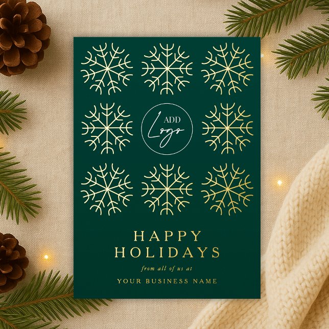 Company Logo Christmas Snowflakes Green & Gold Foil Holiday Card (Corporate business logo green and gold foil holiday cards )