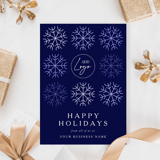 Company Logo Christmas Snowflakes Navy Corporate Holiday Card (modern navy blue and white festive design corporate holiday card with your custom company logo)