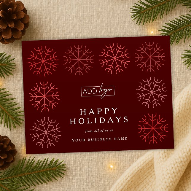 Company Logo Christmas Snowflakes Red Corporate Holiday Postcard (elegant red and white winter design corporate holiday postcard with your custom company logo)