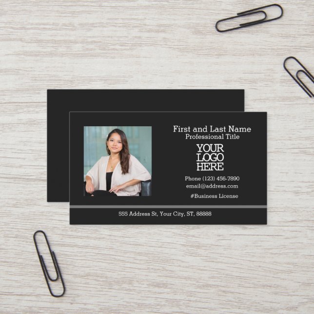 Company Logo | Employee Photo Black Business Card (Front/Back In Situ)
