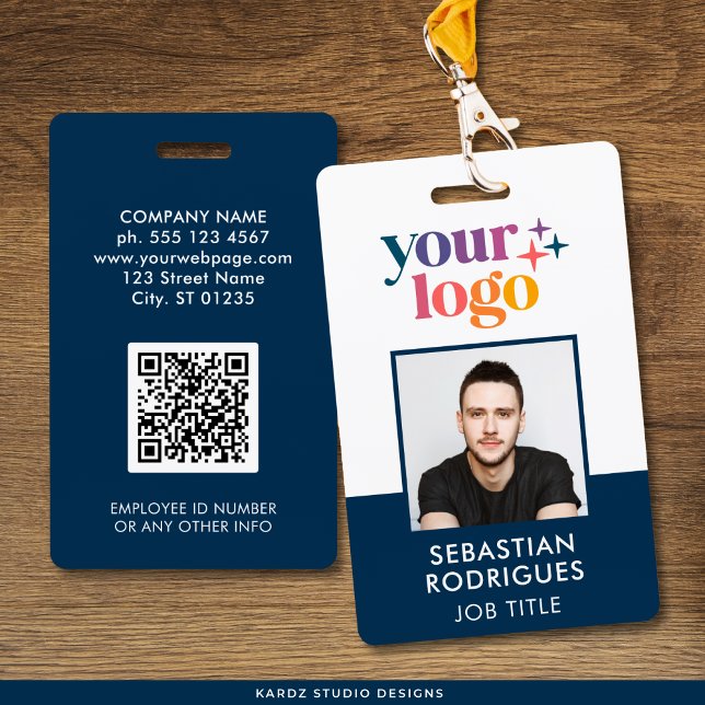 Company Logo Employee Photo Blue ID ID Badge (Front and back of card shown, create QR with your URL. Personalize with photo and info on the back.)