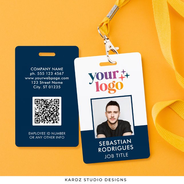 Company Logo Employee Photo Blue ID ID Badge (Front and back of card shown, create QR with your URL. Personalize with photo and info on the back.)