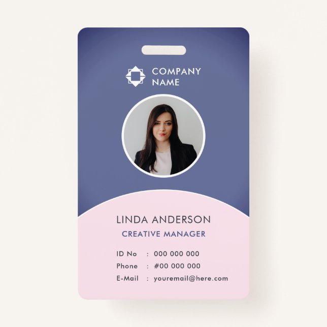 Company Logo Employee Photo ID Blue And Blush ID Badge (Front)