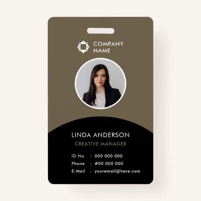 Company Logo Employee Photo ID Elegant Brown Black ID Badge (Front)